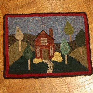 VINTAGE Hand Hooked Rug Summer HOME House Trees Landscape Primitive Folk 19x15